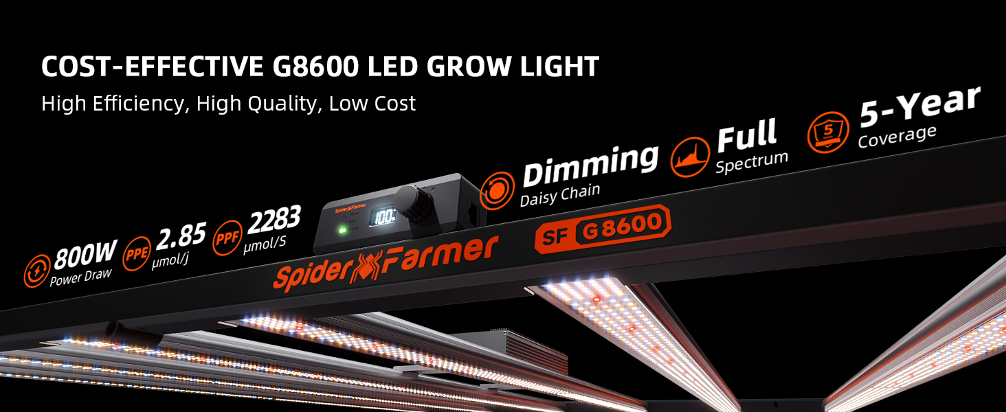 2024 Newest Version Spider Farmer® G8600 800W Dimmable Cost effective Full Spectrum High Yield LED Grow Light for 120cm X 120CM 150cm X150cm