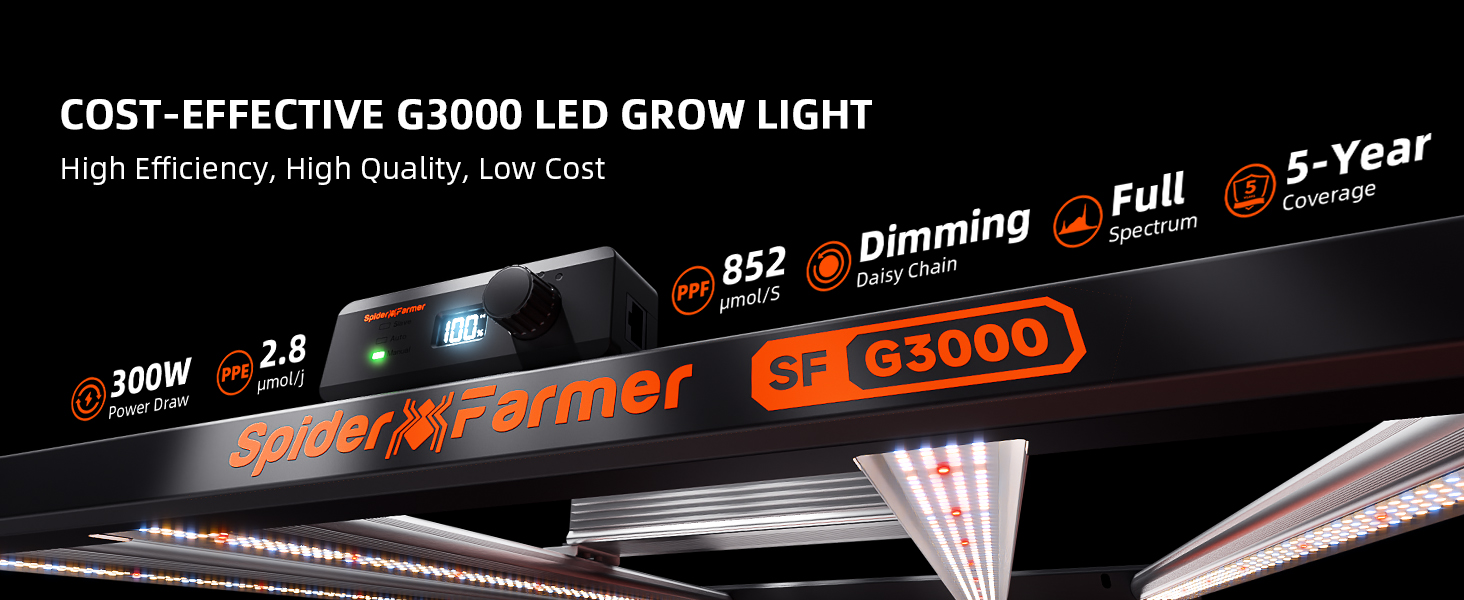  2024-Spider-Farmer®-G3000-300W-Dimmable-Cost-effective-Full-Spectrum-High-Yield-LED-Grow-Light-for-90cmx90cm