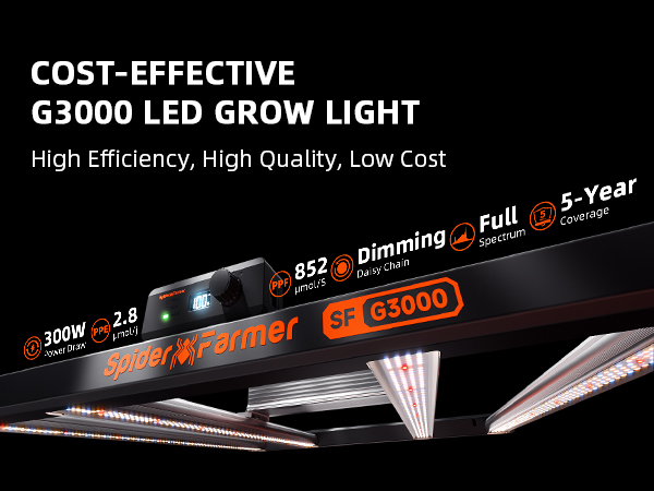 2024 Spider Farmer® G3000 300W Dimmable Cost-effective Full Spectrum High Yield LED Grow Light for 90 x 90 cm